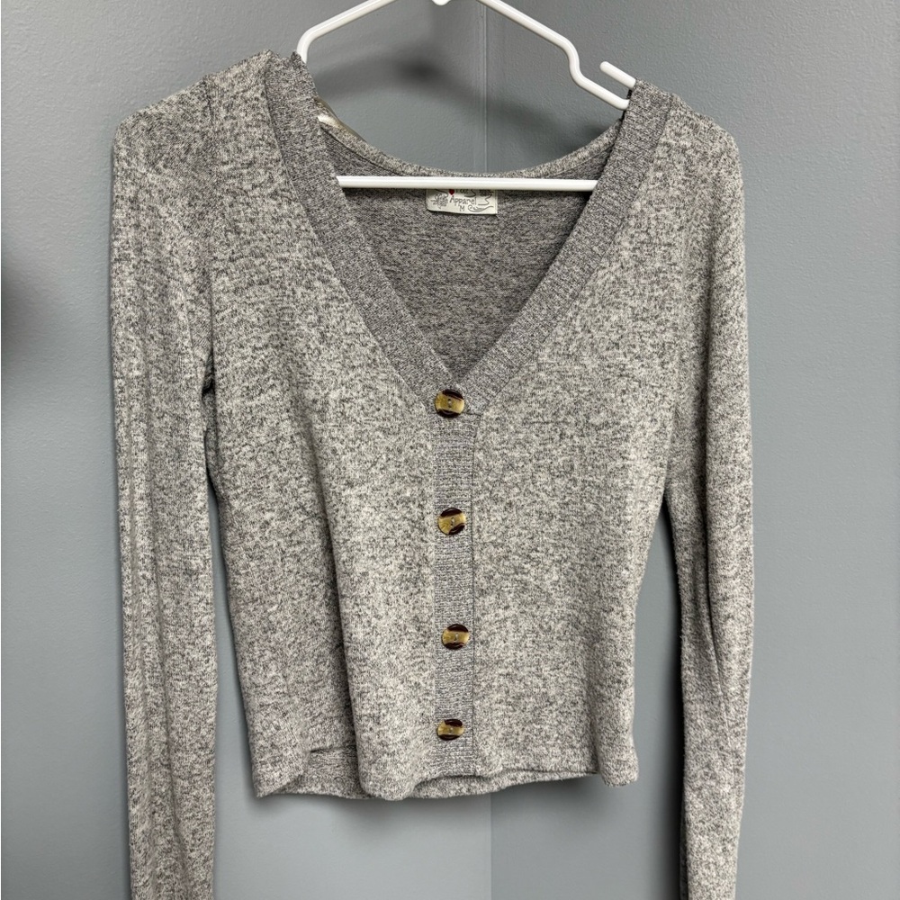 Gray V-Neck Button-Up Cardigan